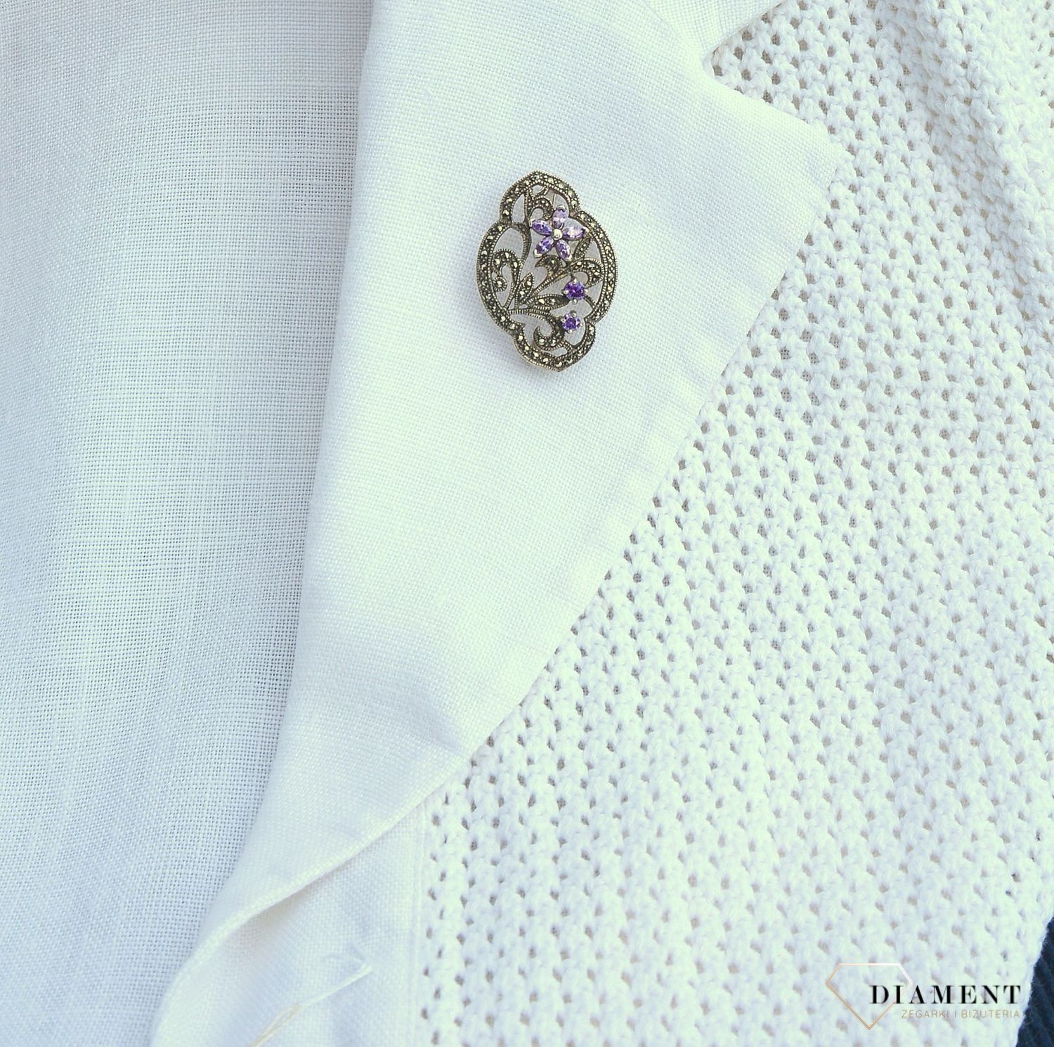 Srebrna broszka markazyty i fioletowa cyrkonia BRO 104.jpg